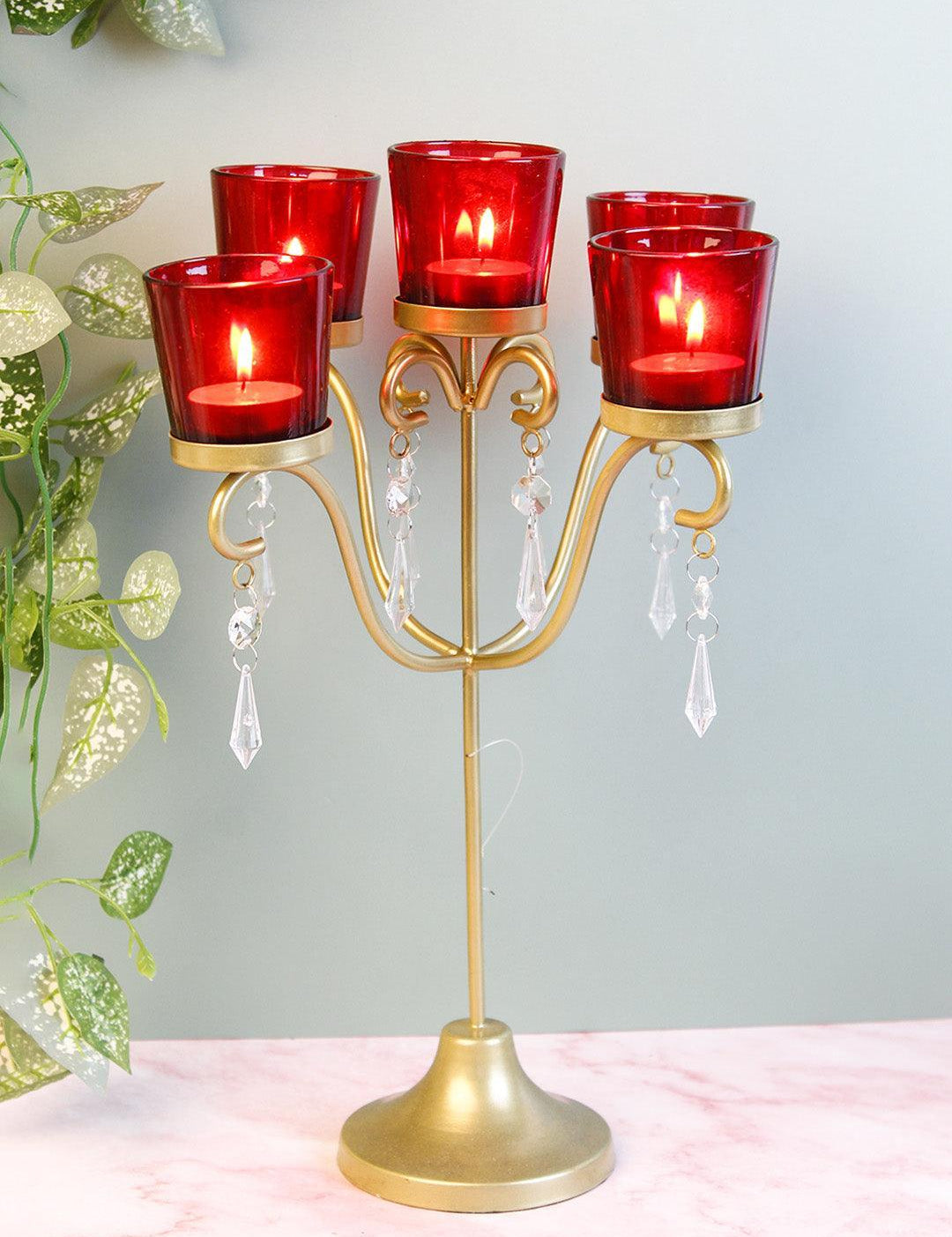 Market99 5 Arms T-Light Candle Holder, Red Votive, Clear Crystal, Gold Finish, Mild Steel - MARKET 99