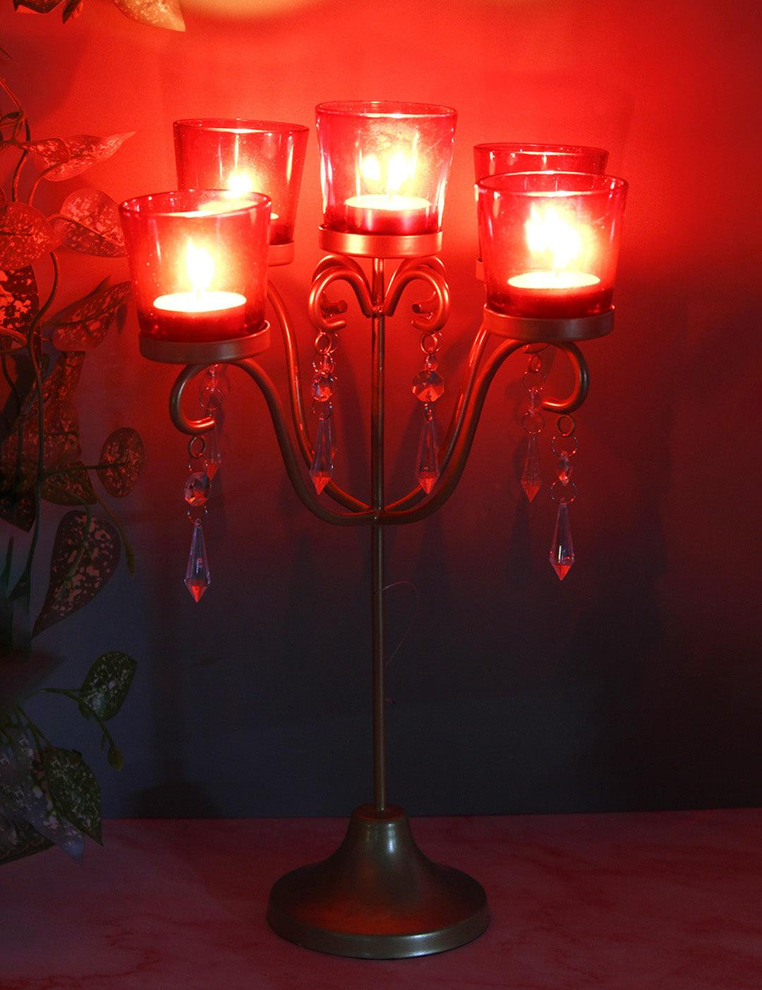 Market99 5 Arms T-Light Candle Holder, Red Votive, Clear Crystal, Gold Finish, Mild Steel - MARKET 99