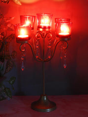 Market99 5 Arms T-Light Candle Holder, Red Votive, Clear Crystal, Gold Finish, Mild Steel - MARKET 99