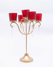 Market99 5 Arms T-Light Candle Holder, Red Votive, Clear Crystal, Gold Finish, Mild Steel - MARKET 99