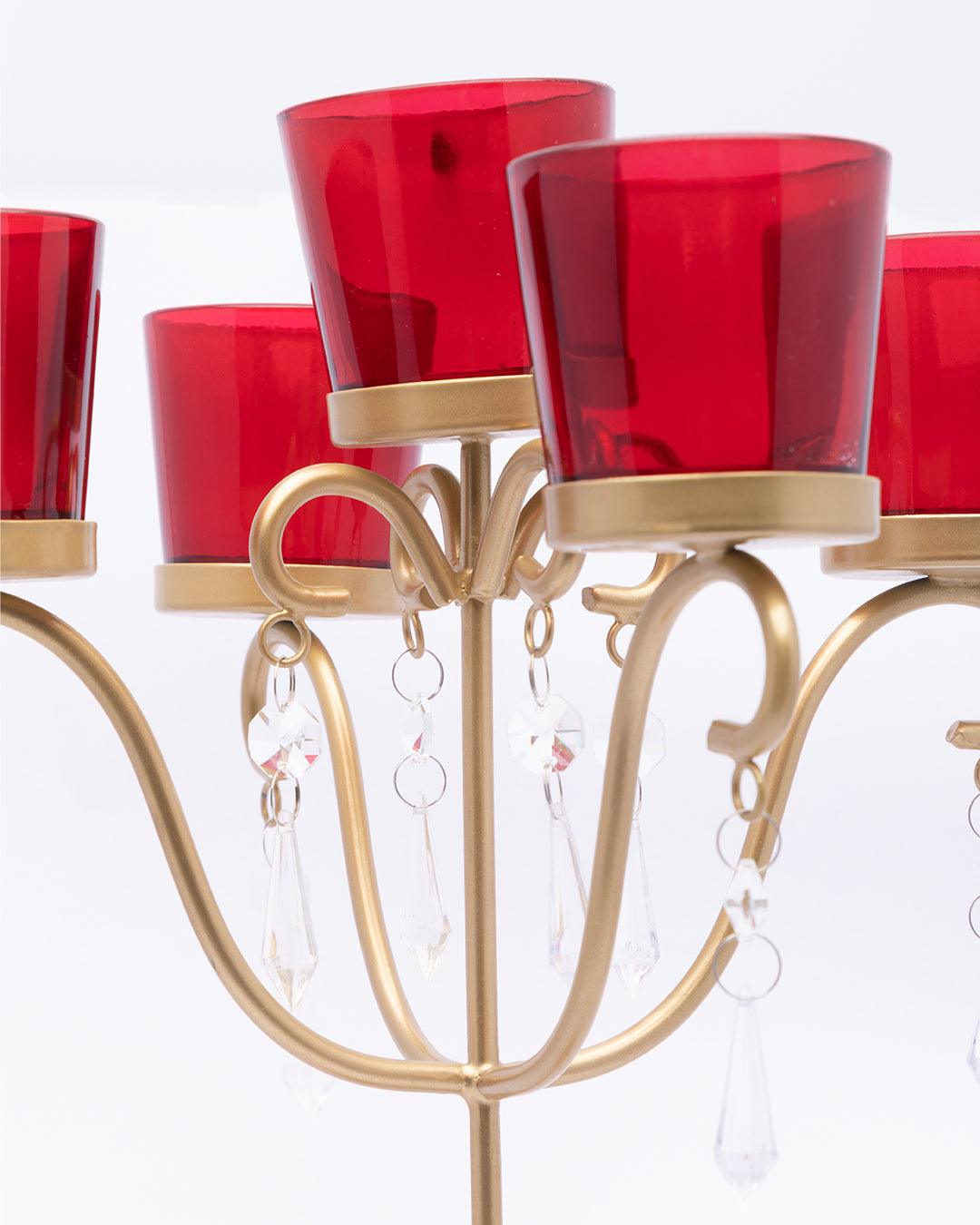 Market99 5 Arms T-Light Candle Holder, Red Votive, Clear Crystal, Gold Finish, Mild Steel - MARKET 99