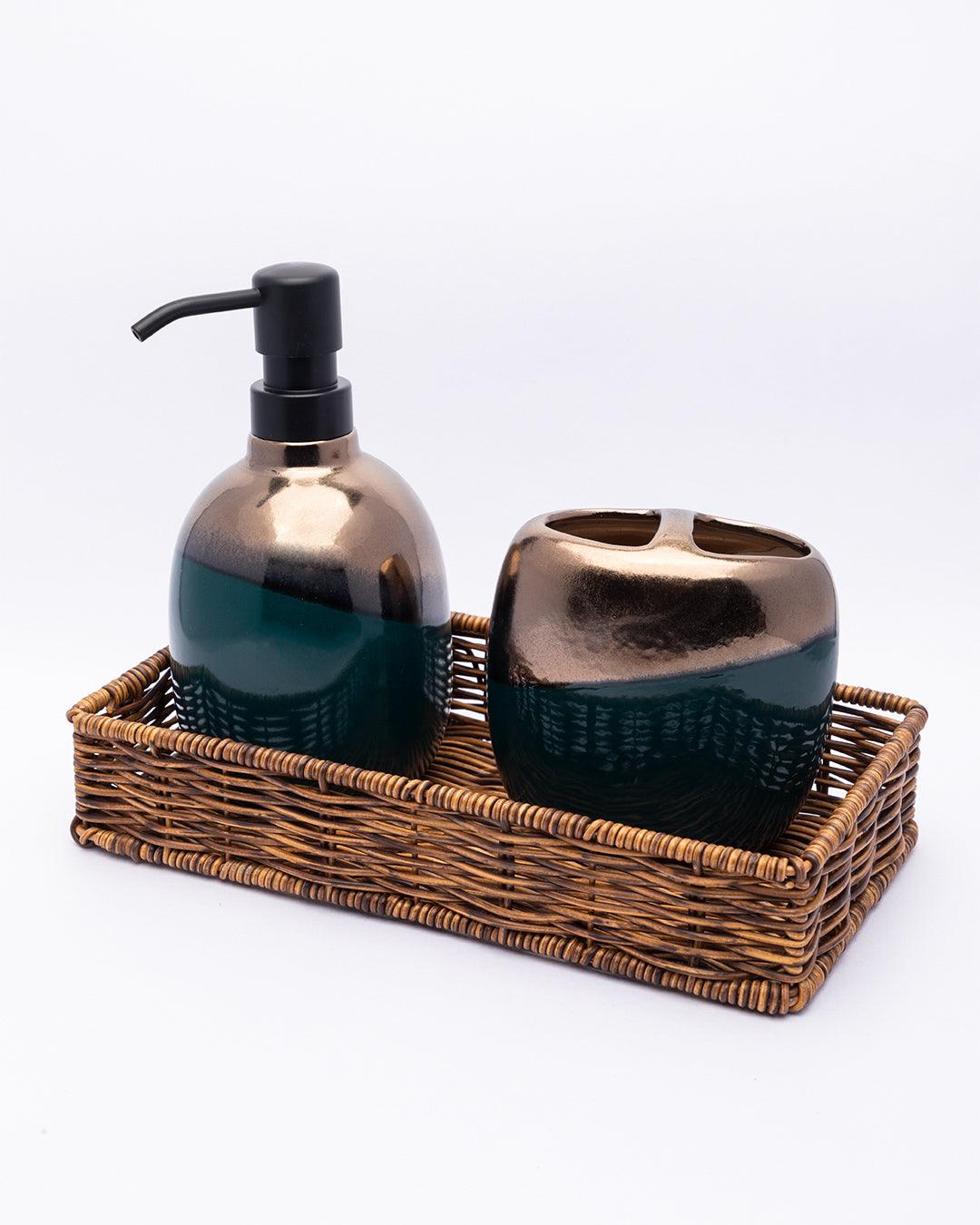 Market99 Bathroom Set, Rust Proof Chrome Finish, with Wooden Top, Dark Green, Ceramic - MARKET 99