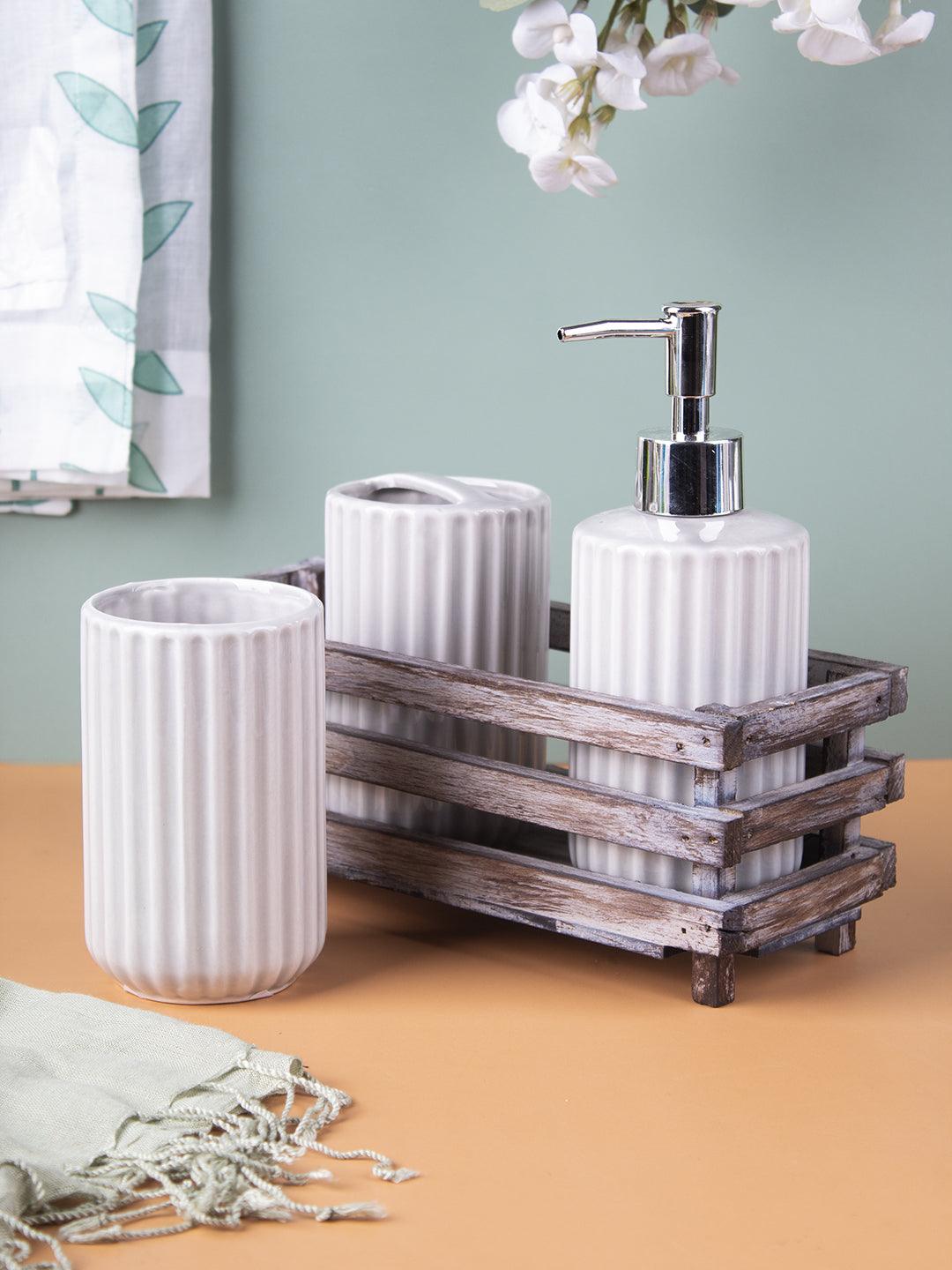 Market99 Bathroom Set, Rust Proof Chrome Finish, with Wooden Top, White, Ceramic - MARKET 99