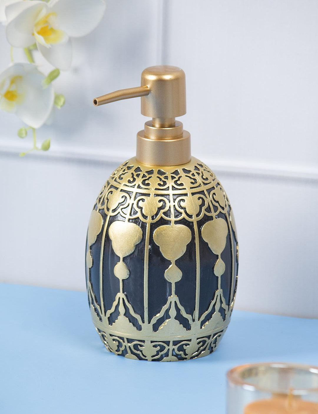 Black Polyresin Soap Dispenser with Golden Pump - 380 mL