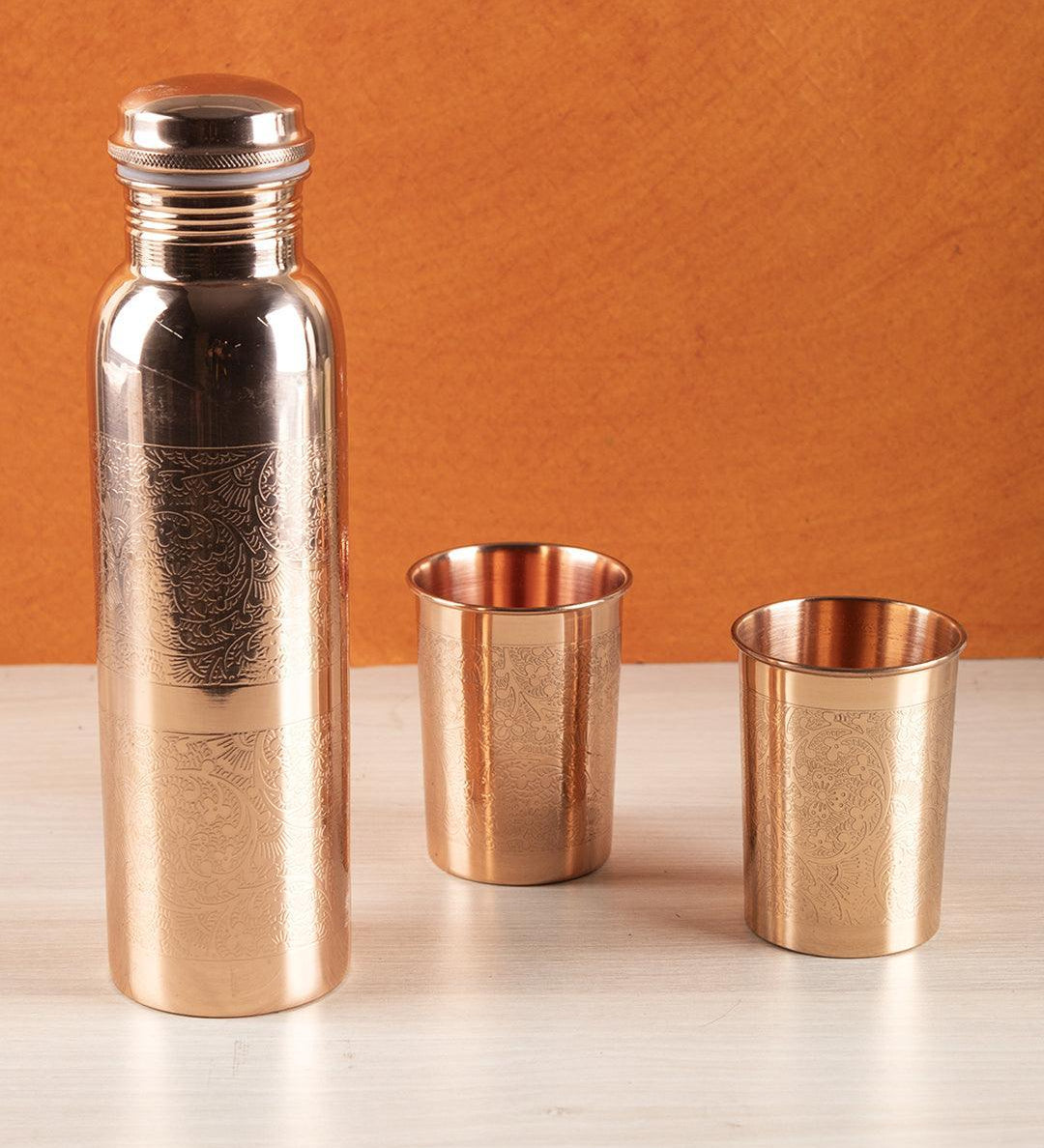 Market99 Bottle with Tumbler Set, 1 Bottle, 2 Tumblers, Copper, Set of 3, 1 Litre - MARKET 99