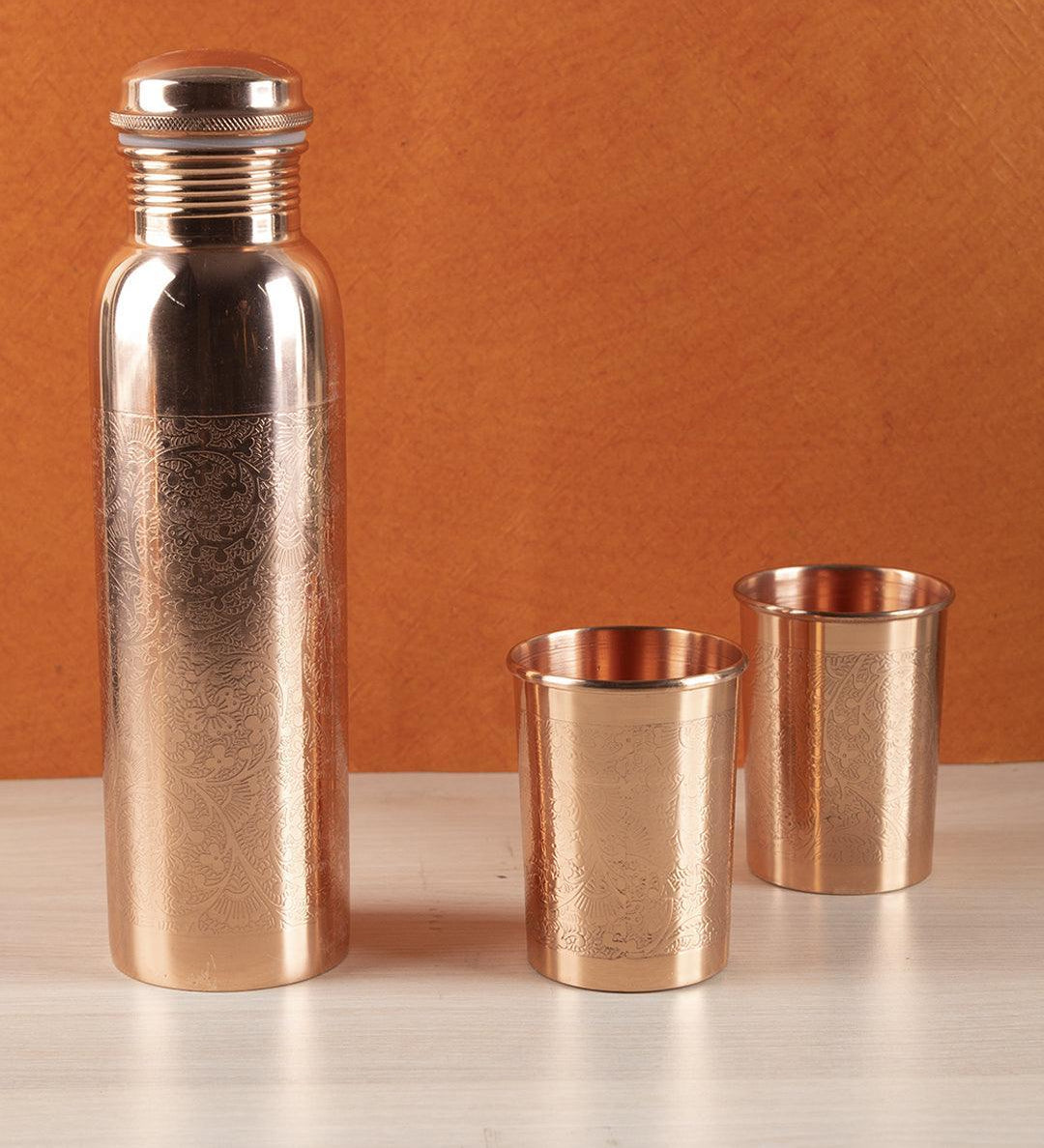 Market99 Bottle with Tumbler Set, 1 Bottle, 2 Tumblers, Copper, Set of 3, 1 Litre - MARKET 99