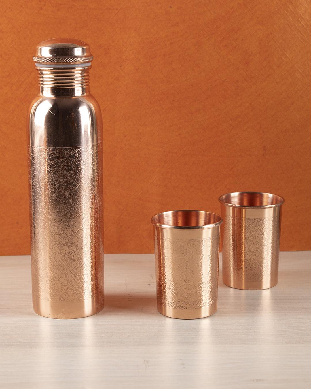 Market99 Bottle with Tumbler Set, 1 Bottle, 2 Tumblers, Copper, Set of 3, 1 Litre - MARKET 99