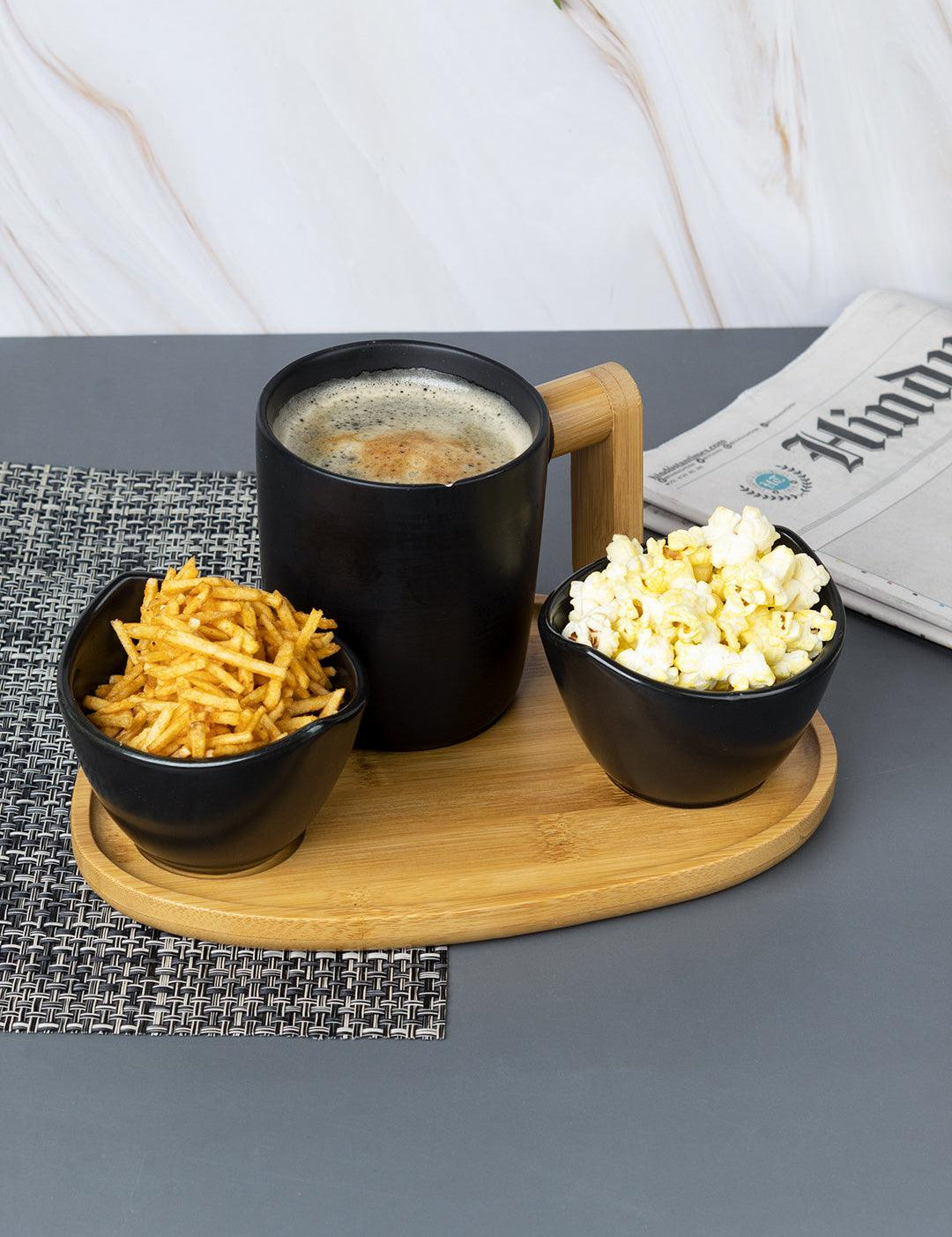 VON CASA Bowls & Mug Set, with Wooden Tray, Black, Ceramic & Bamboo, Set of 2 Bowls & a Mug - MARKET 99