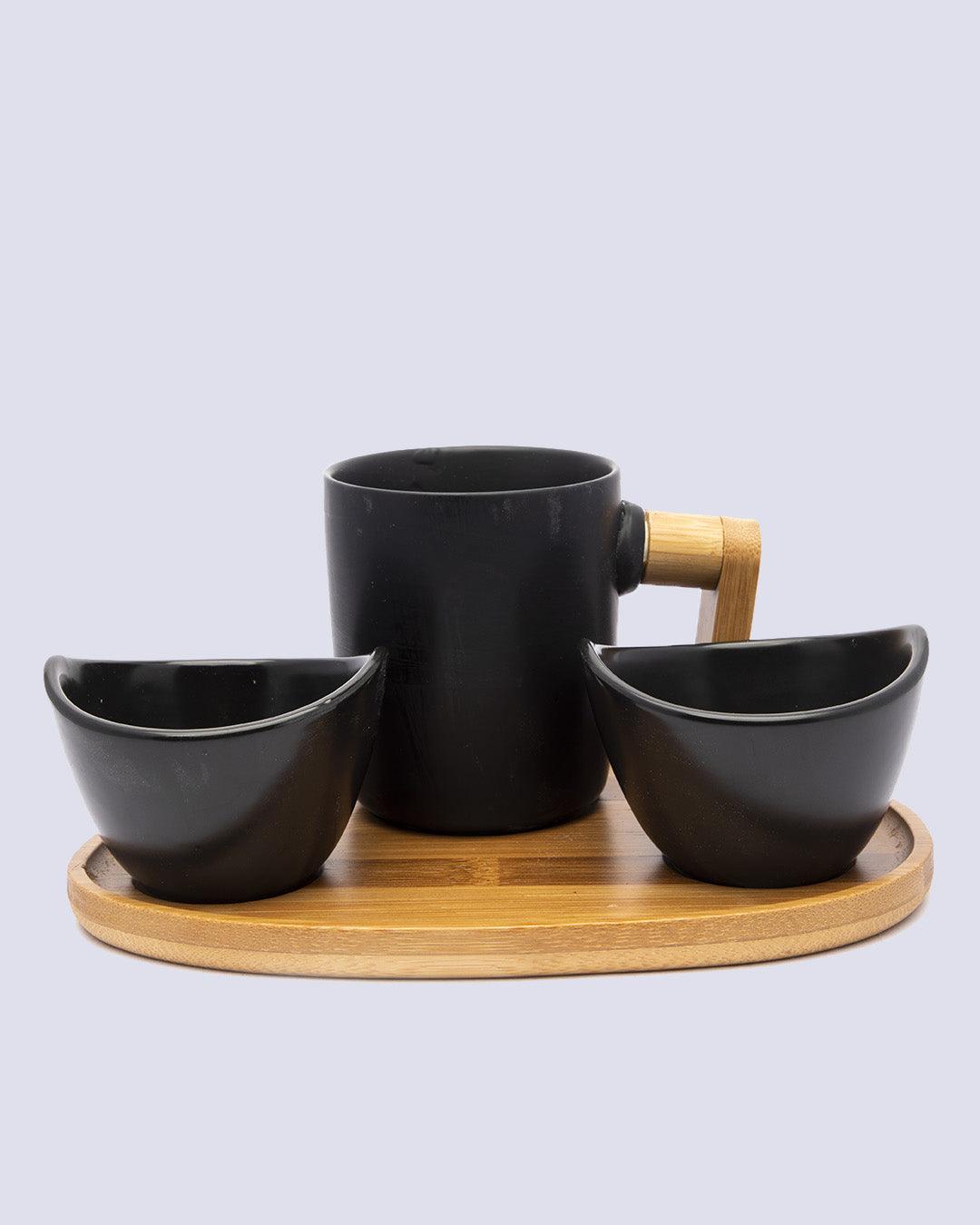 Market99 Bowls & Mug Set, with Wooden Tray, Black, Ceramic & Bamboo, Set of 2 Bowls & a Mug - MARKET 99