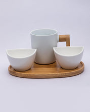 Market99 Bowls & Mug Set, with Wooden Tray, White, Ceramic & Bamboo, Set of 2 Bowls & a Mug - MARKET 99