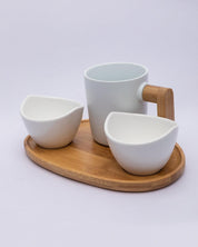 Market99 Bowls & Mug Set, with Wooden Tray, White, Ceramic & Bamboo, Set of 2 Bowls & a Mug - MARKET 99