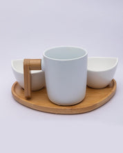 Market99 Bowls & Mug Set, with Wooden Tray, White, Ceramic & Bamboo, Set of 2 Bowls & a Mug - MARKET 99