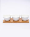 Market99 Bowls, with Wooden Tray, for Home, Office, Restaurants, White, Ceramic & Bamboo, Set of 3 - MARKET 99