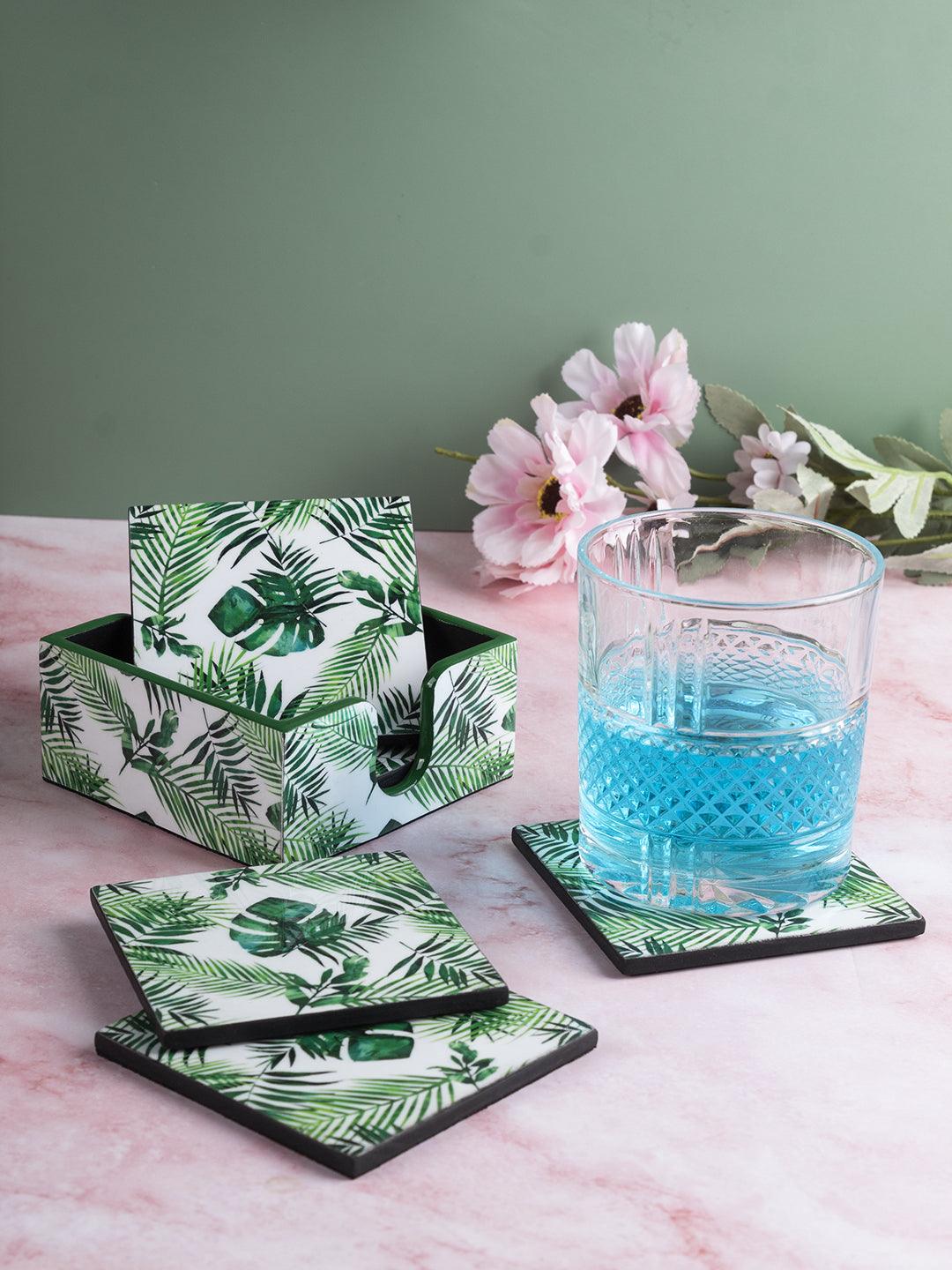 Market99 Coaster with Holder, Nature Inspired Print, Tea Coaster, with Soft Bottom for Home, Office, & Restaurant, Green Colour, MDF, Set of 6 - MARKET 99