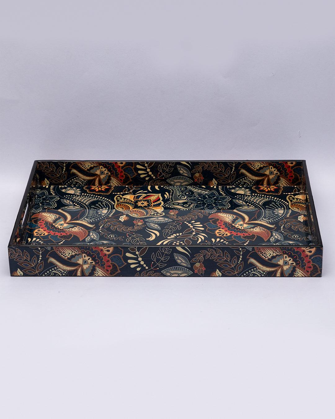 Market99 Decorative Serving Tray, Wooden Tray with Handles, Ethnic Design Tray, Home Décor, Standard, Rectangular, Multicolour, Colour, MDF - MARKET 99
