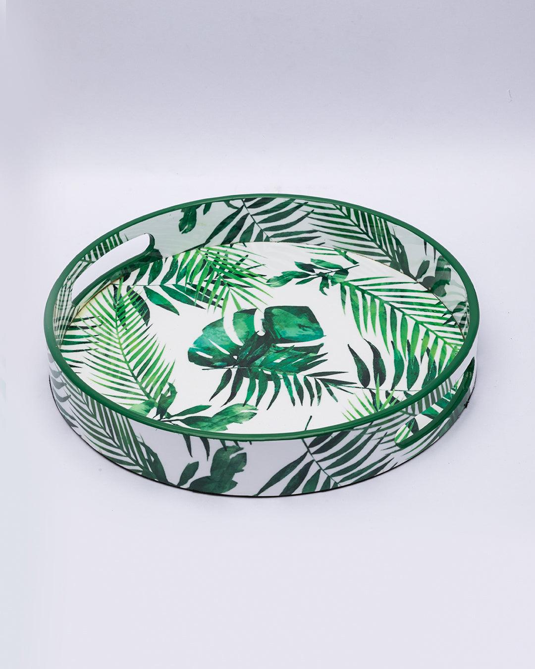 Market99 Decorative Serving Tray, Wooden Tray with Handles, Nature Inspired Design Tray, Home Décor, Medium, Round, Green Colour, MDF - MARKET 99