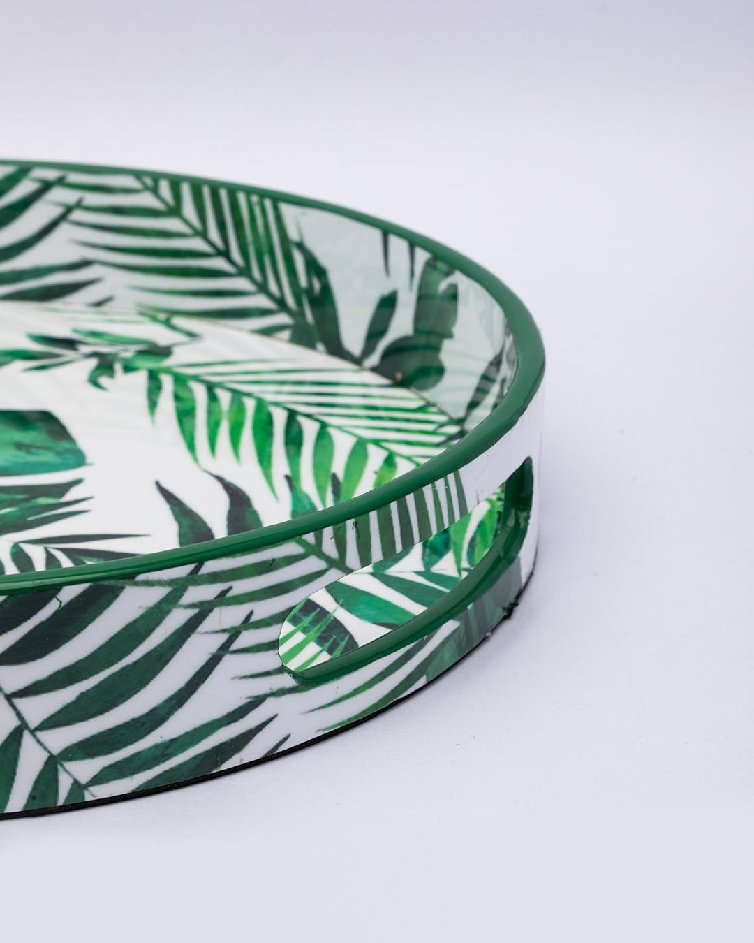 Market99 Decorative Serving Tray, Wooden Tray with Handles, Nature Inspired Design Tray, Home Décor, Medium, Round, Green Colour, MDF - MARKET 99
