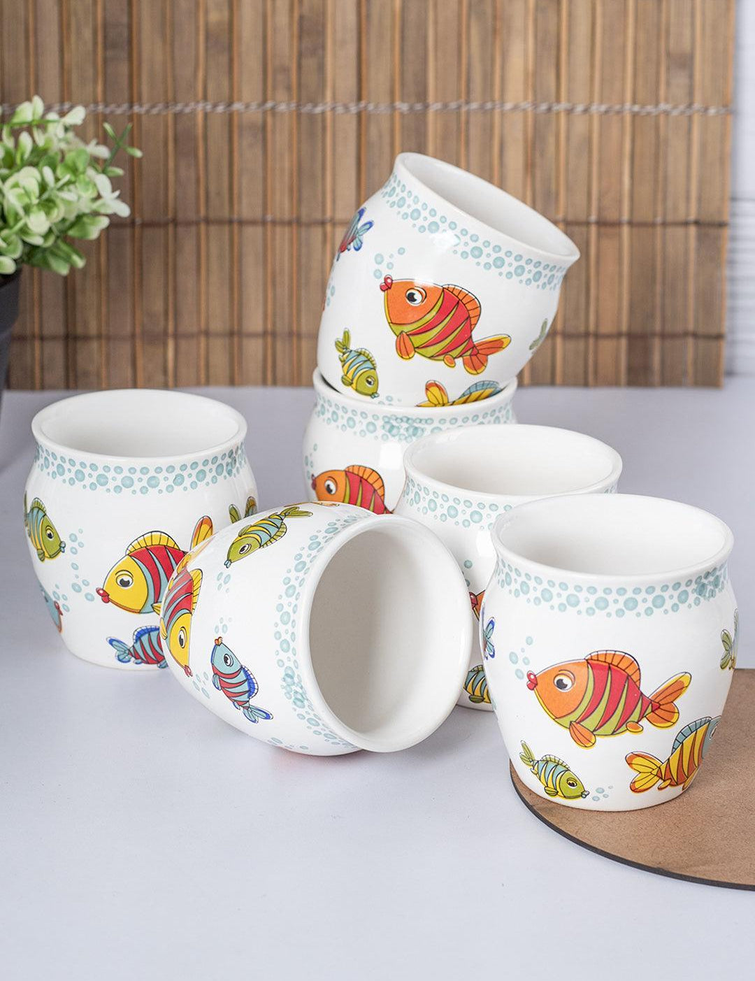 Fish Printed Ceramic Kullad, (Each 130 mL, Set Of 6 Pcs)