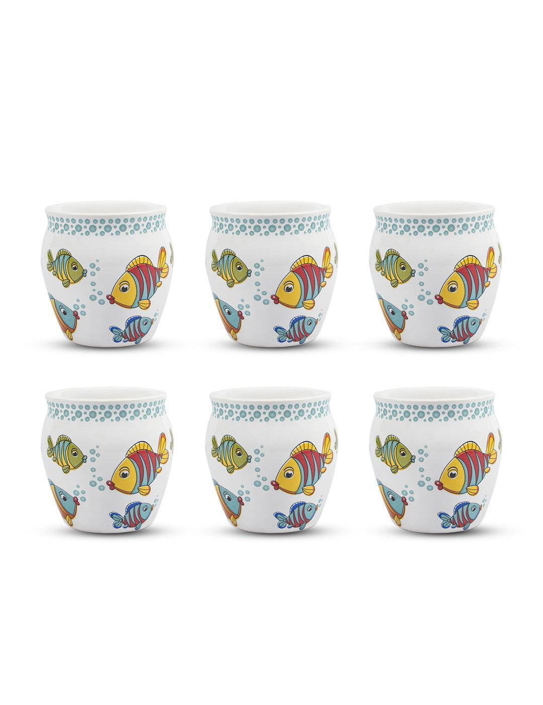 Fish Printed Ceramic Kullad, (Each 130 mL, Set Of 6 Pcs)