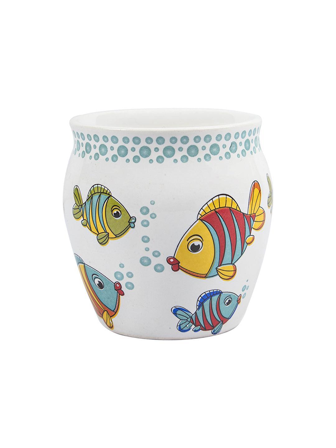 Fish Printed Ceramic Kullad, (Each 130 mL, Set Of 6 Pcs)