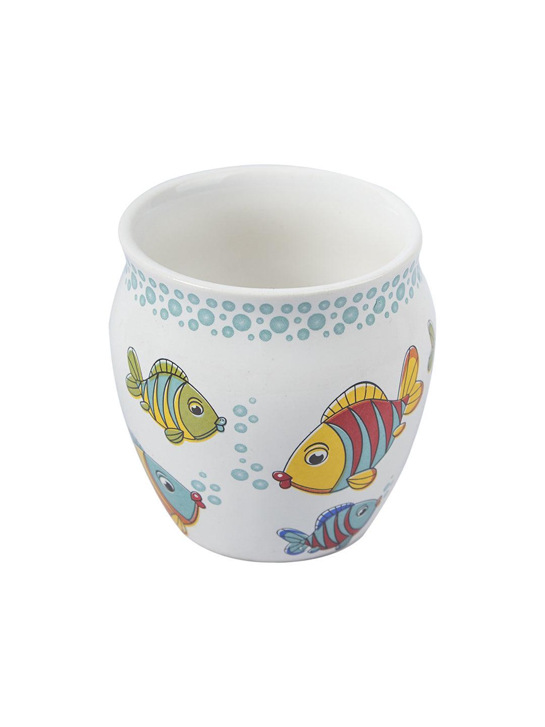 Fish Printed Ceramic Kullad, (Each 130 mL, Set Of 6 Pcs)