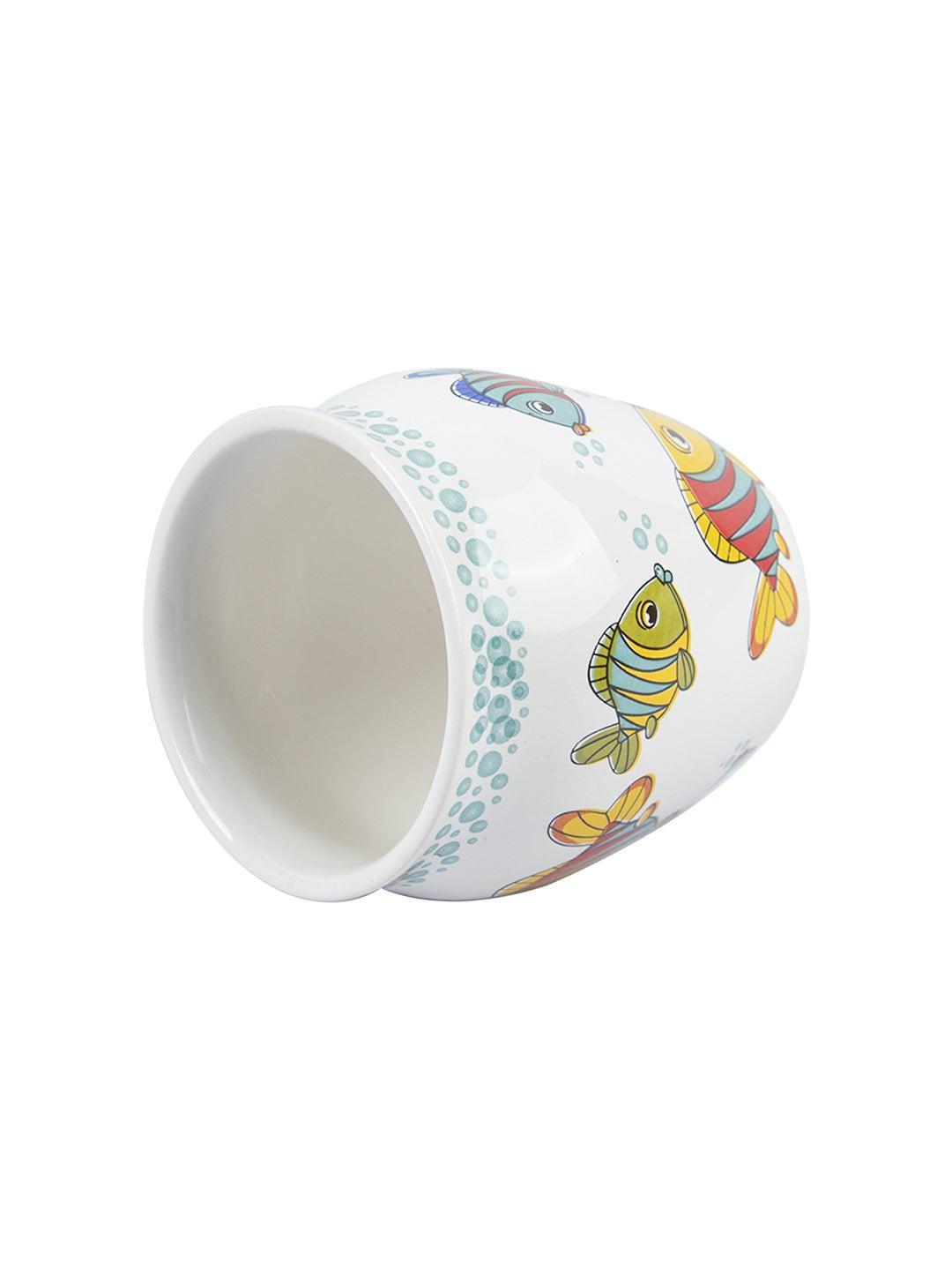 Fish Printed Ceramic Kullad, (Each 130 mL, Set Of 6 Pcs)