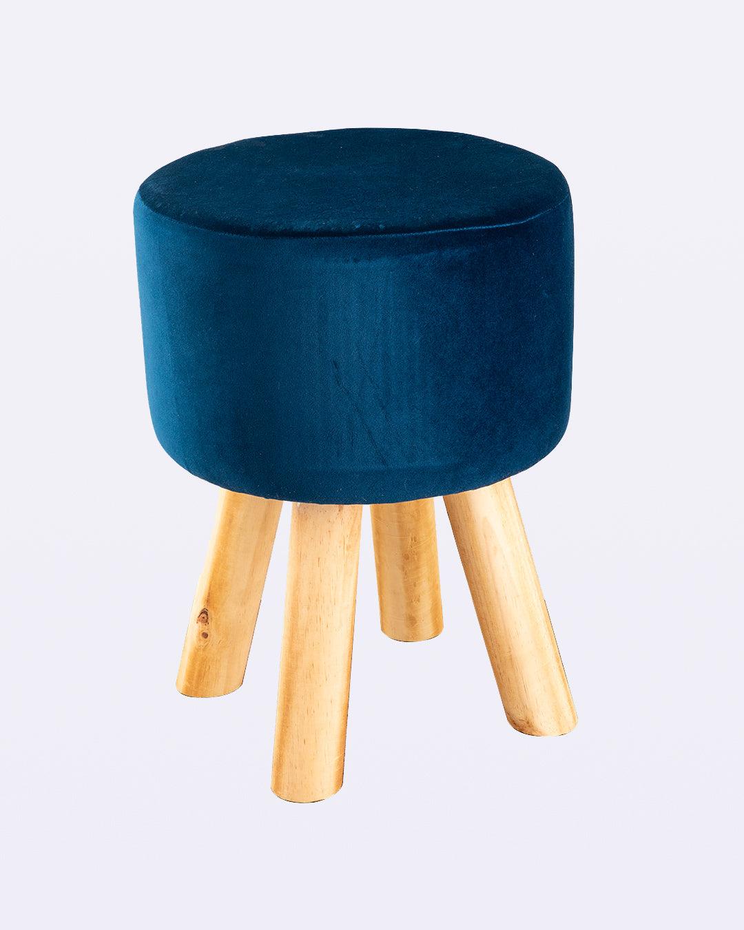 Market99 Four Legged Wooden Footstool, Ottoman, Navy Blue, Velvet, Wood - MARKET 99