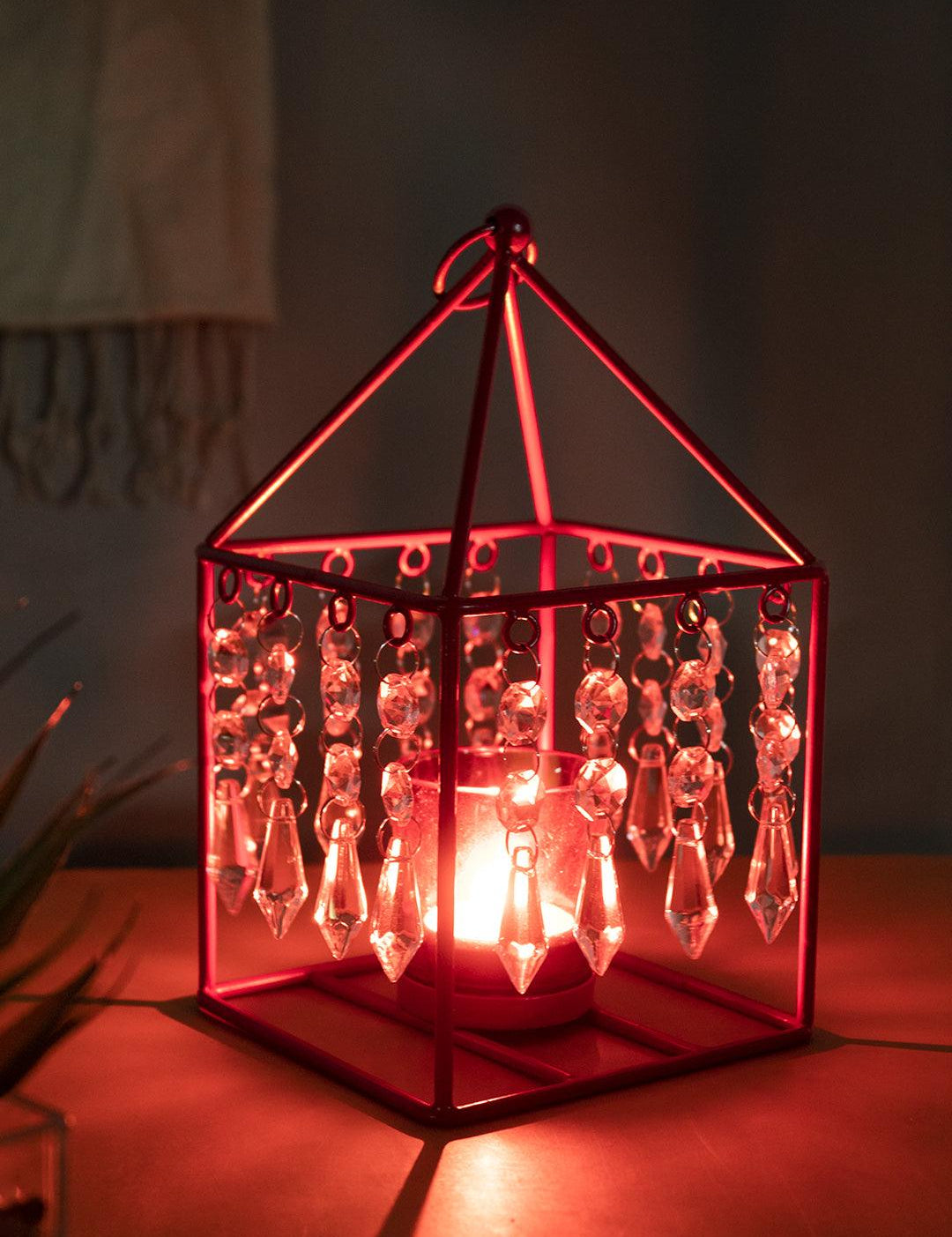 Market99 Geo T-Light Candle Holder, Clear Crystal Votive Holder, Red Colour, Mild Steel - MARKET 99