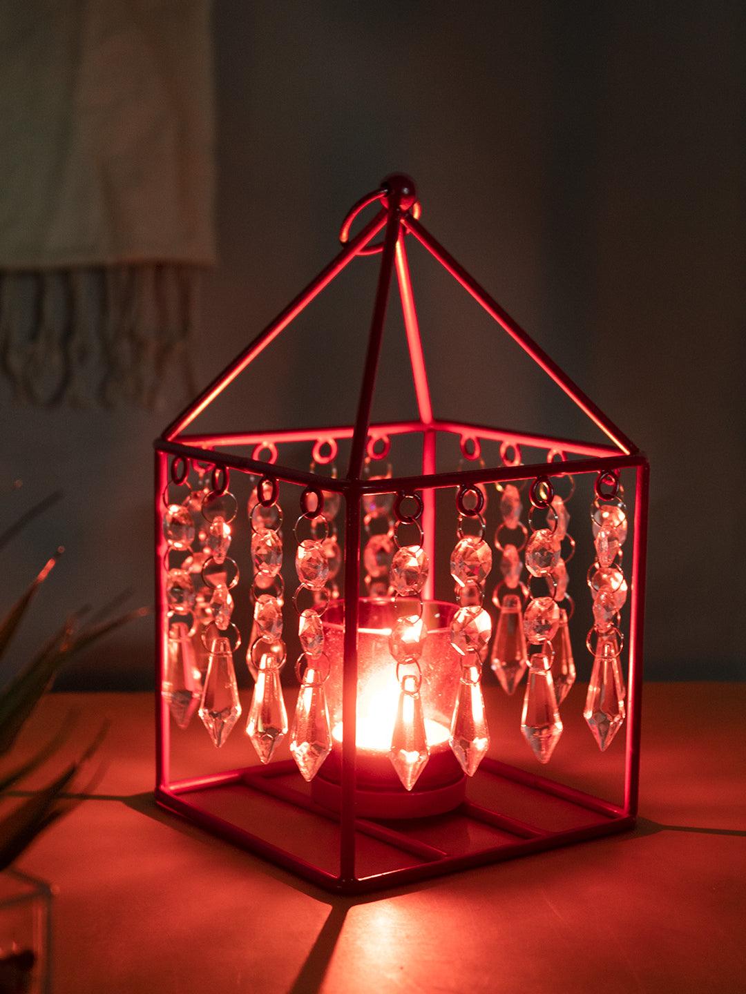 Market99 Geo T-Light Candle Holder, Clear Crystal Votive Holder, Red Colour, Mild Steel - MARKET 99