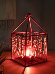 Market99 Geo T-Light Candle Holder, Clear Crystal Votive Holder, Red Colour, Mild Steel - MARKET 99