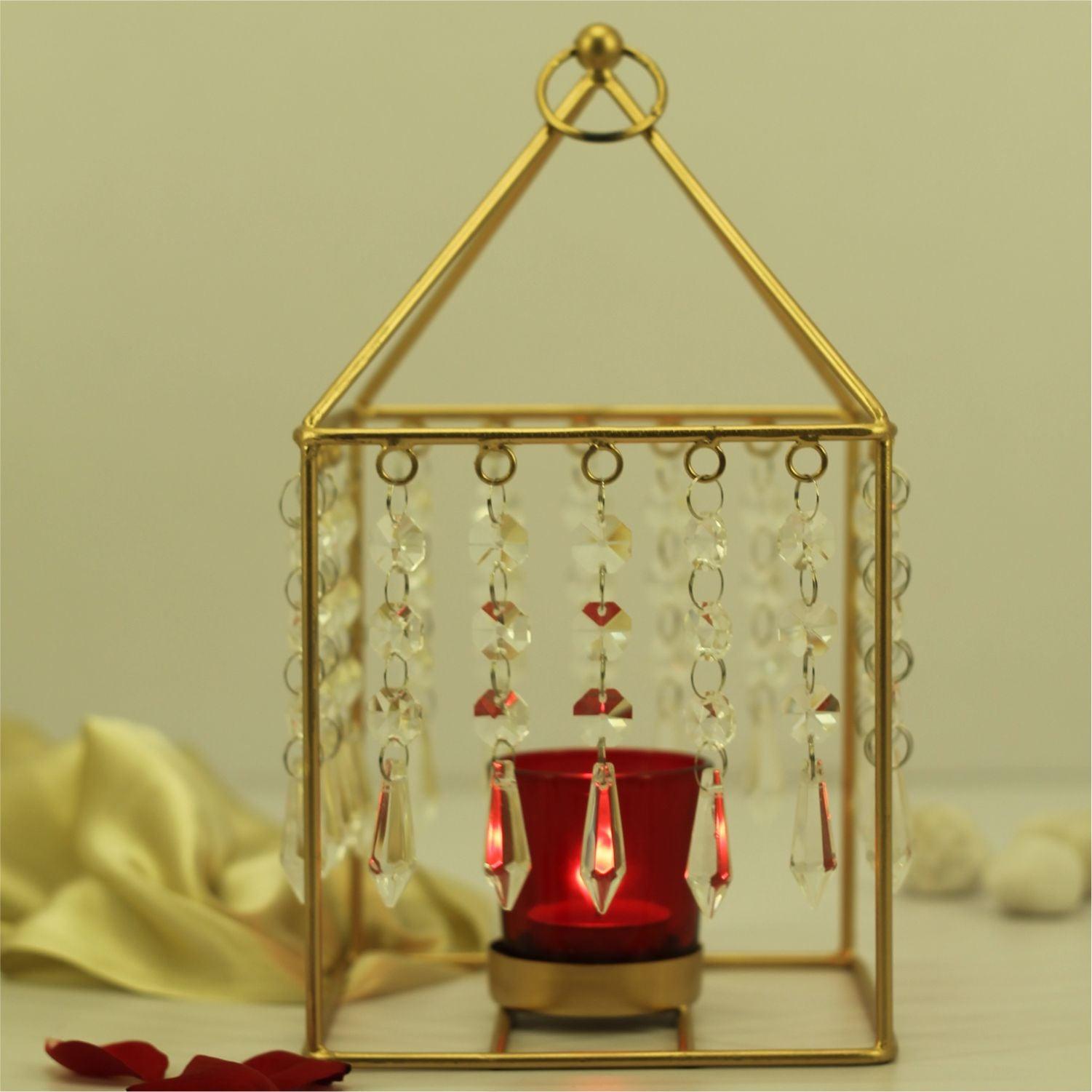 Market99 Geo T-Light Candle Holder, Clear Crystal Votive Holder, Red Votive, Gold Finish, Mild Steel - MARKET 99