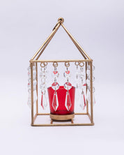 Market99 Geo T-Light Candle Holder, Clear Crystal Votive Holder, Red Votive, Gold Finish, Mild Steel - MARKET 99