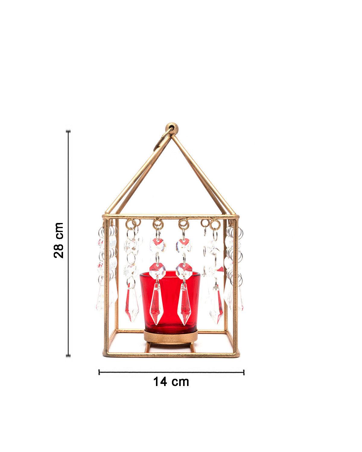 Market99 Geo T-Light Candle Holder, Clear Crystal Votive Holder, Red Votive, Gold Finish, Mild Steel - MARKET 99