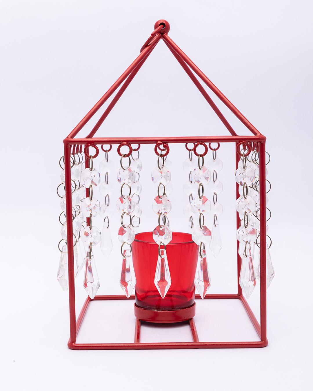 Market99 Geo T-Light Candle Holder, Clear Crystal Votive Holder, Red Votive, Red Colour, Mild Steel - MARKET 99