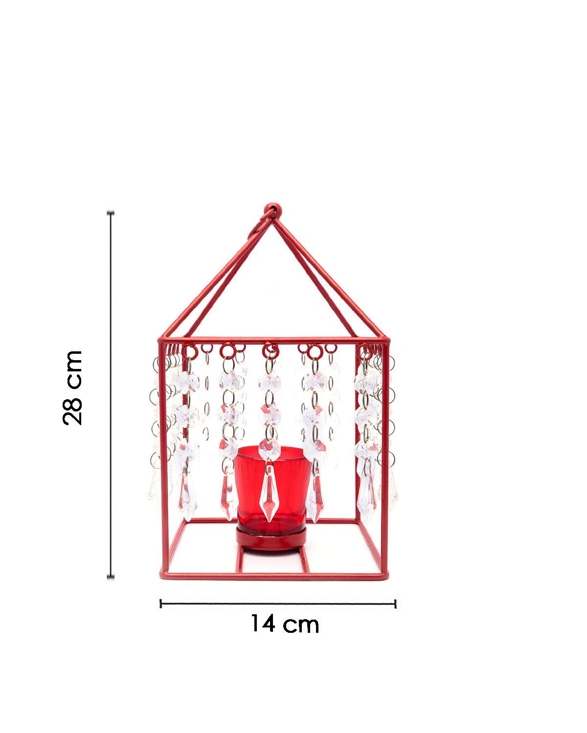 Market99 Geo T-Light Candle Holder, Clear Crystal Votive Holder, Red Votive, Red Colour, Mild Steel - MARKET 99