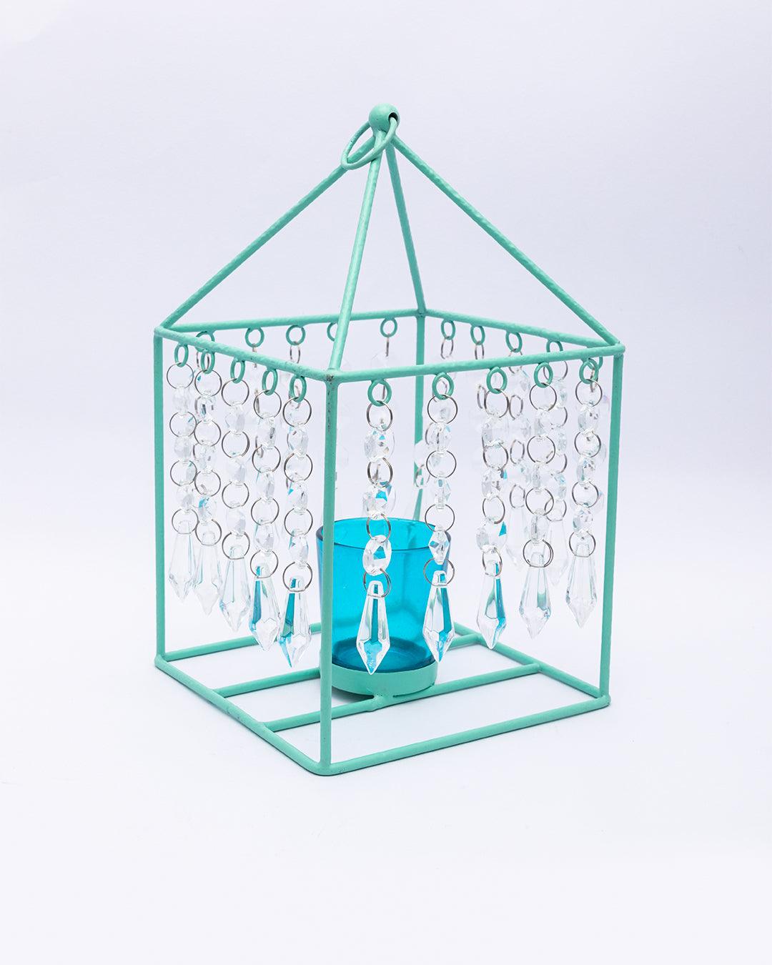 Market99 Geo T-Light Candle Holder, Clear Crystal Votive Holder, Turquoise Colour, Mild Steel - MARKET 99