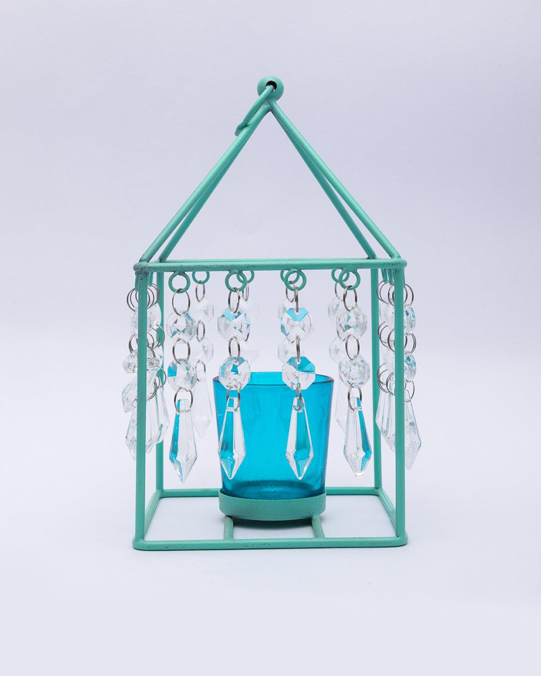 Market99 Geo T-Light Candle Holder, Clear Crystal Votive Holder, Turquoise Colour, Mild Steel - MARKET 99