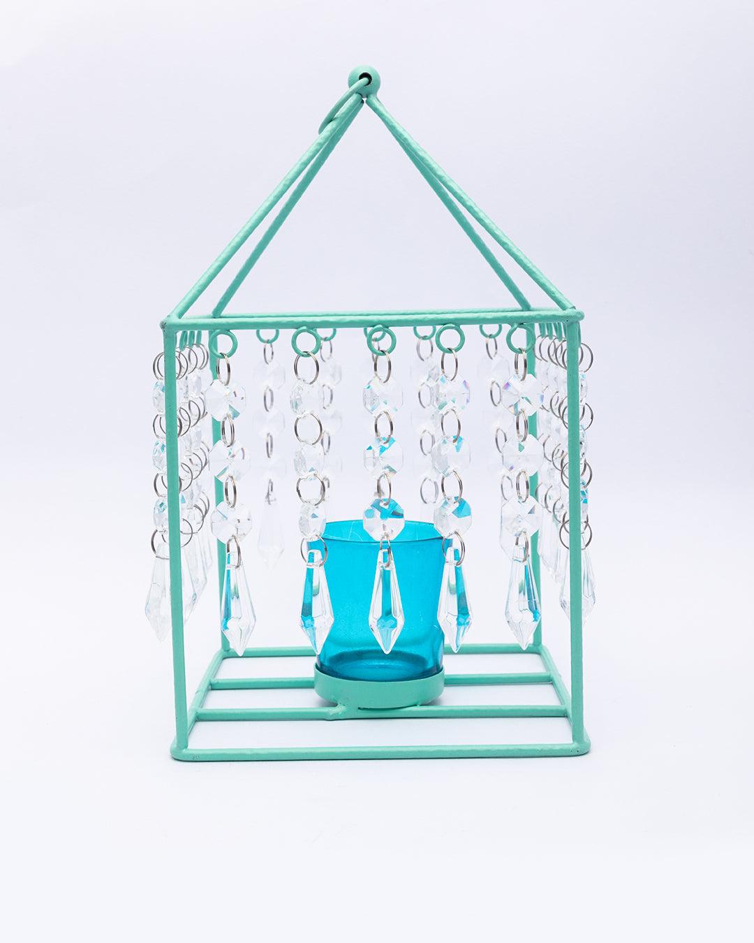 Market99 Geo T-Light Candle Holder, Clear Crystal Votive Holder, Turquoise Colour, Mild Steel - MARKET 99