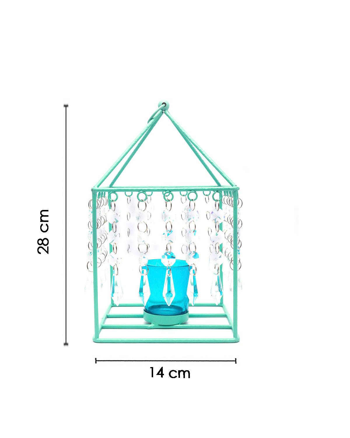 Market99 Geo T-Light Candle Holder, Clear Crystal Votive Holder, Turquoise Colour, Mild Steel - MARKET 99