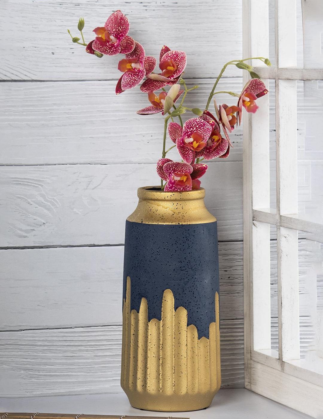 Blue Ceramic Flower Vase With Golden Glaza