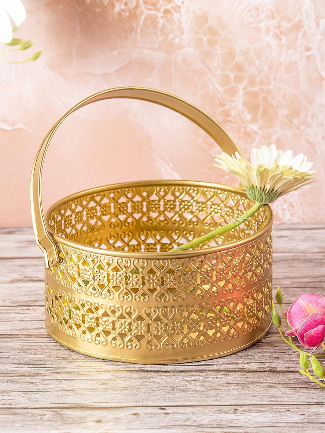 Market99 Golden Mild Steel Metal Flower Basket With Handle - MARKET 99
