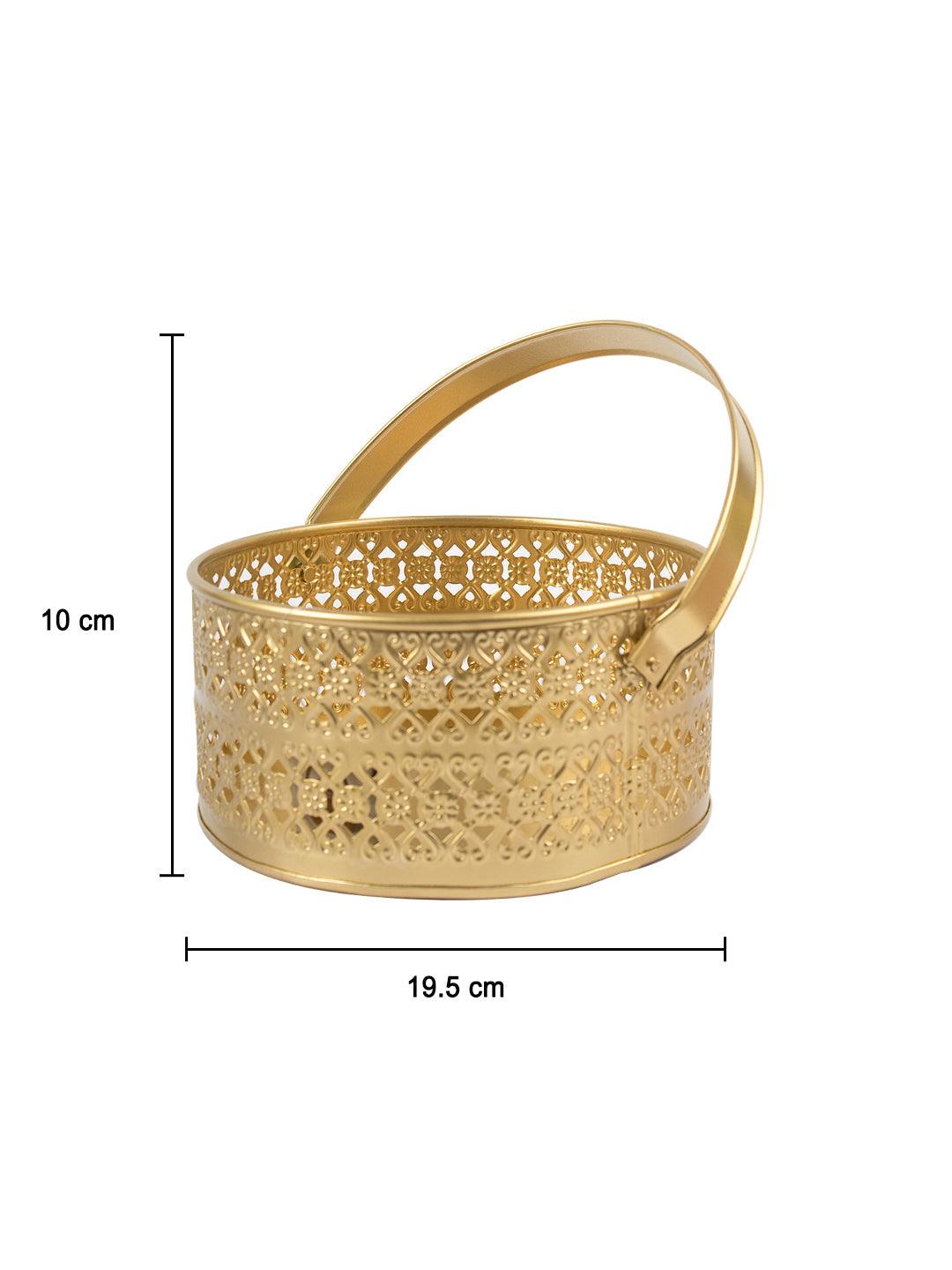 Golden Mild Steel Metal Flower Basket With Handle