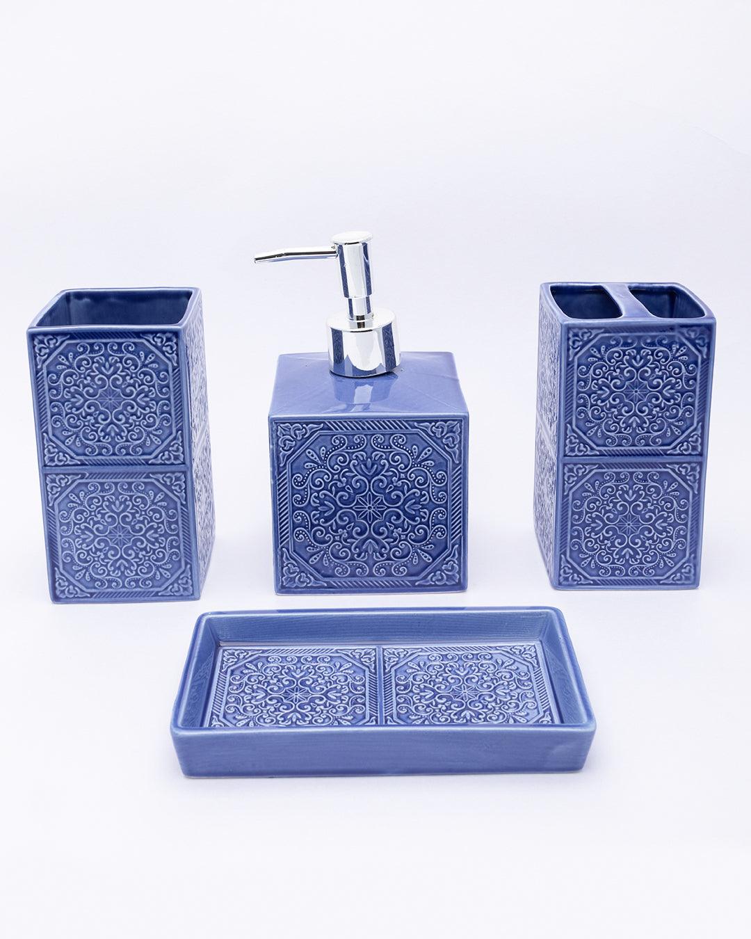 Market99 Handcrafted Bathroom Set, Rust Proof Chrome Finish Pump, Toothbrush Holder, Blue, Ceramic - MARKET 99