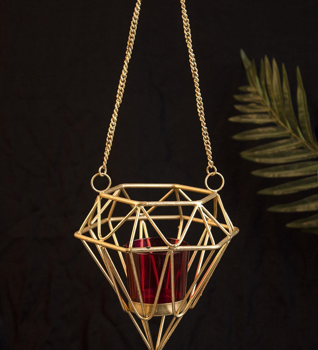 Market99 Hanging T-Light Candle Holder, Diamond Shape, Gold Finish, Mild Steel - MARKET 99