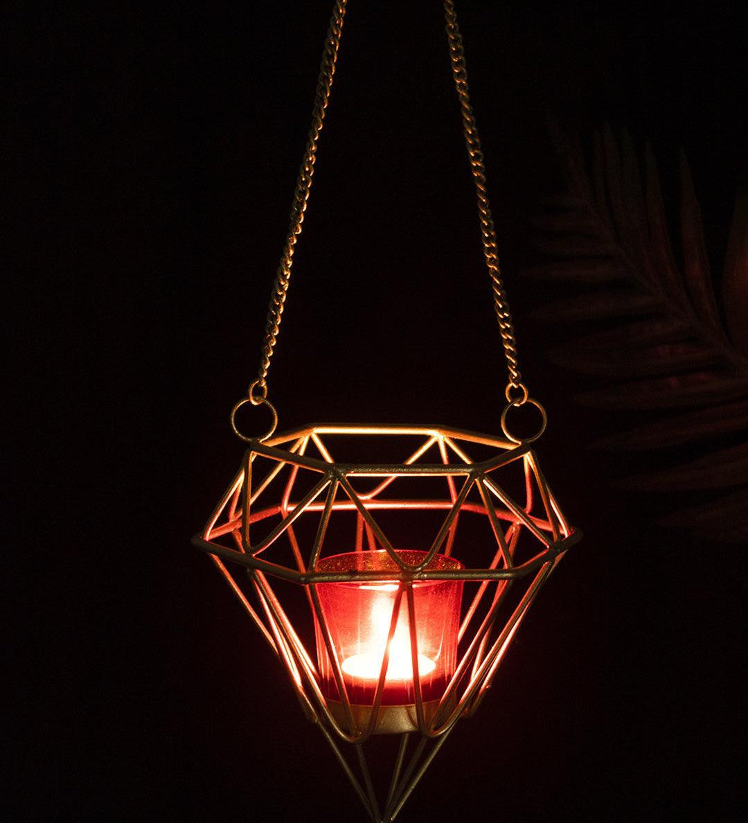 Market99 Hanging T-Light Candle Holder, Diamond Shape, Gold Finish, Mild Steel - MARKET 99