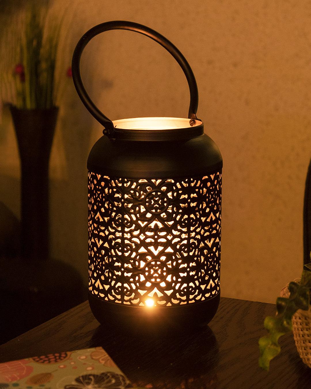 Market99 Lantern, T-Light Candle Holder, Lamp, Cutwork Design, Gold Finish, Mild Steel - MARKET 99