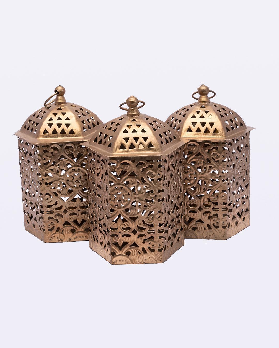 Market99 Lantern, T-Light Holder, New Design Cutwork, Gold Colour, Mild Steel, Set of 3 - MARKET 99