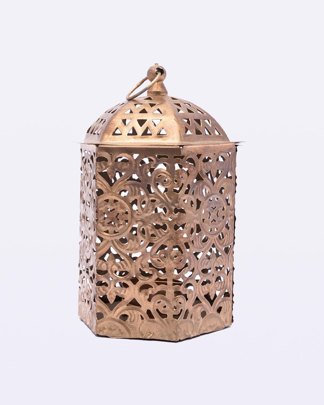 VON CASA Lantern, T-Light Holder, New Design Cutwork, Gold Colour, Mild Steel, Set of 3 - MARKET 99
