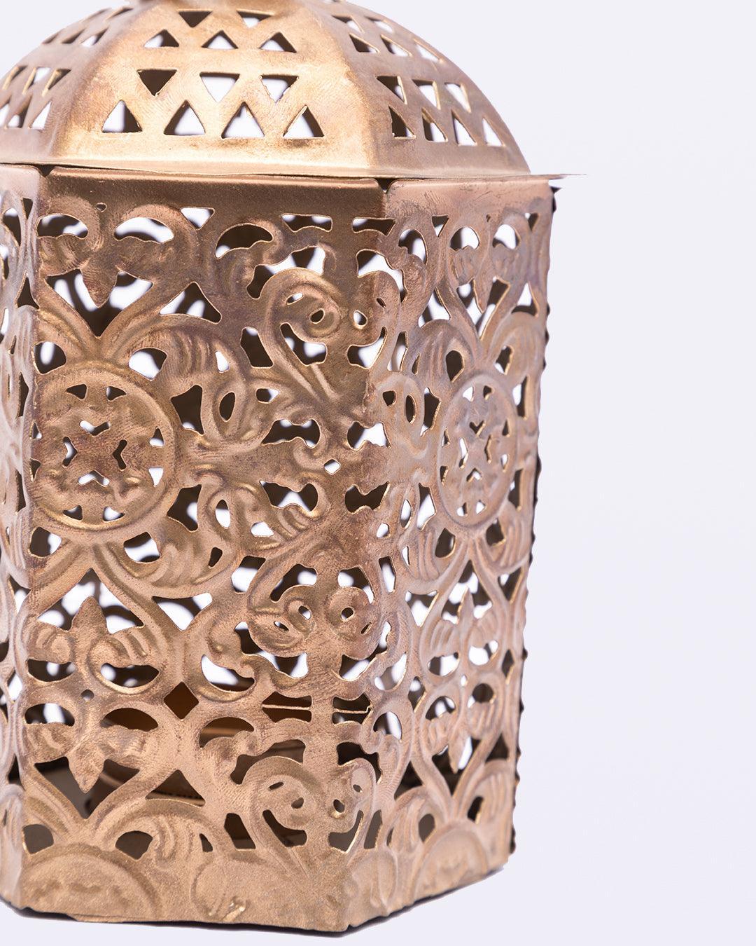 VON CASA Lantern, T-Light Holder, New Design Cutwork, Gold Colour, Mild Steel, Set of 3 - MARKET 99