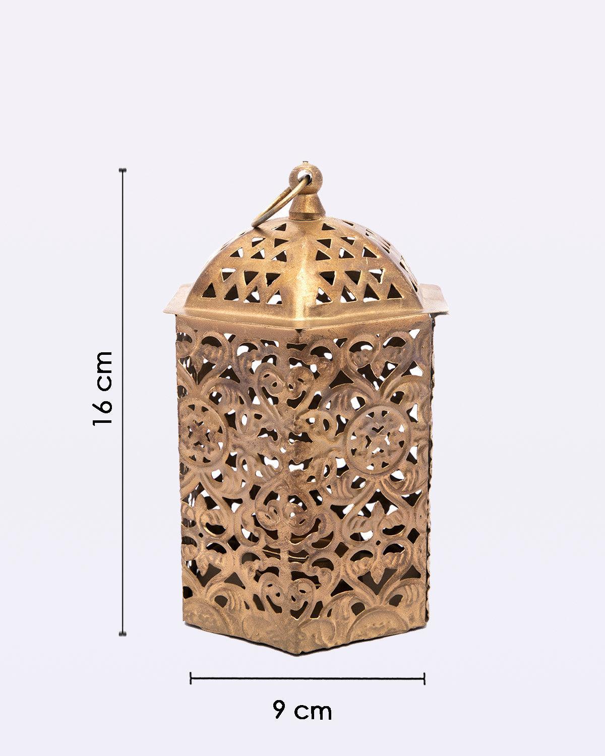 VON CASA Lantern, T-Light Holder, New Design Cutwork, Gold Colour, Mild Steel, Set of 3 - MARKET 99
